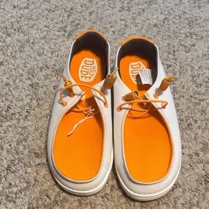 Hey Dude White Canvas Slip-Ons with Orange Insole